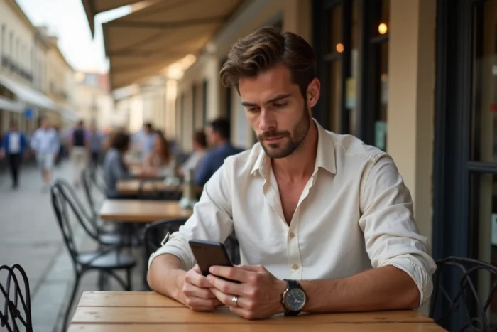 Homme consultant une application de mode sur son téléphone pour trouver les tenues portées dans la série Demain nous appartient