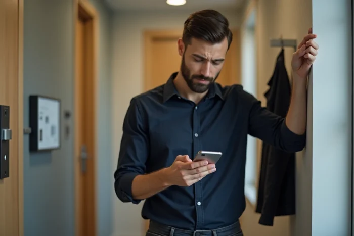 Homme consultant une plateforme de location sur smartphone dans un couloir d'appartement moderne