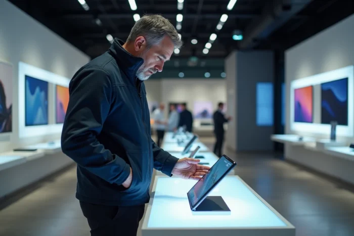 Homme examinant un smartphone pliable dans un showroom high-tech contemporain