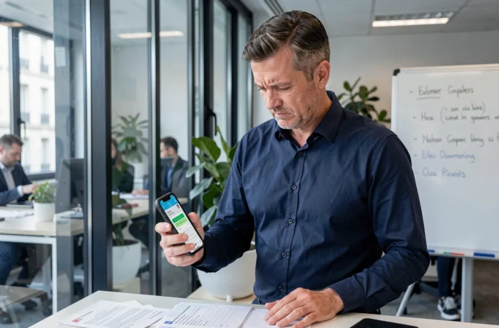 Homme d'affaires lisant un SMS suspect lié à un virement bancaire frauduleux sur Leboncoin