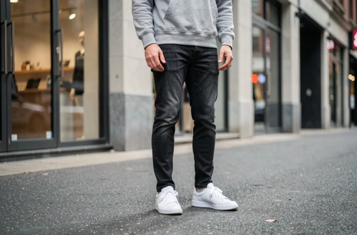 Jeune homme portant des sneakers blanches dans une rue urbaine, tenue décontractée jean et sweatshirt gris, vue trois quarts basse mettant en valeur les chaussures