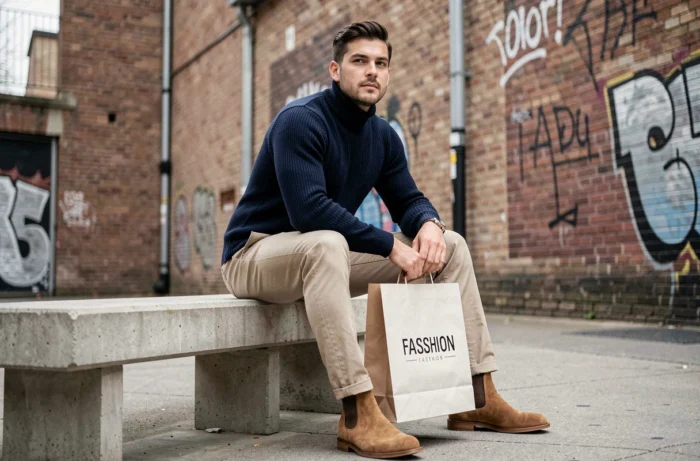 Homme tendance en pull col roulé marine assis dans un cadre urbain avec des sacs de shopping