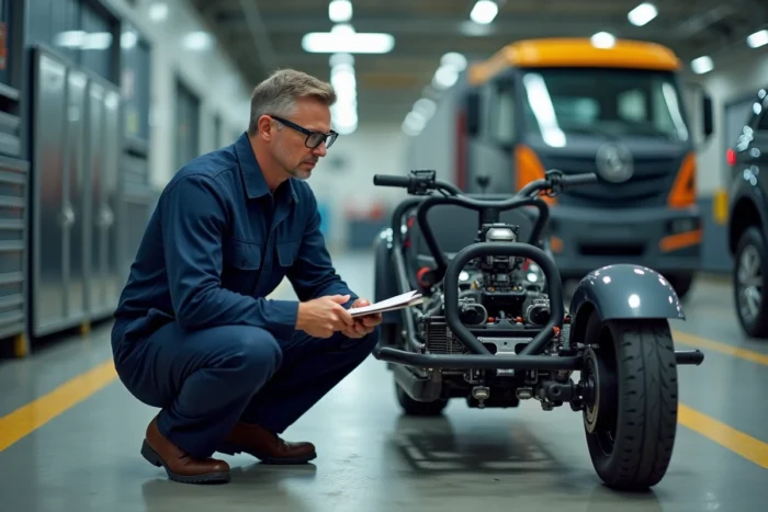 Inspecteur automobile examinant le châssis d'un trike lors d'une procédure d'homologation en garage technique en France