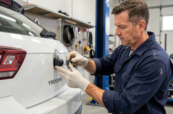 Technicien installant une caméra de recul moderne sur une Volkswagen T-Roc blanche dans un atelier automobile professionnel