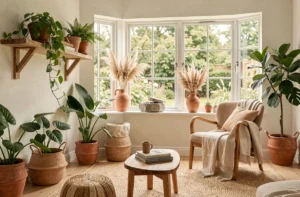 Salon intérieur nature avec plantes, bois brut, textiles en lin et accents en terre cuite