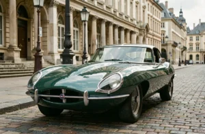 Jaguar E-Type des années 1960 vert British Racing Green garée sur les pavés du centre historique de Bruxelles, Belgique