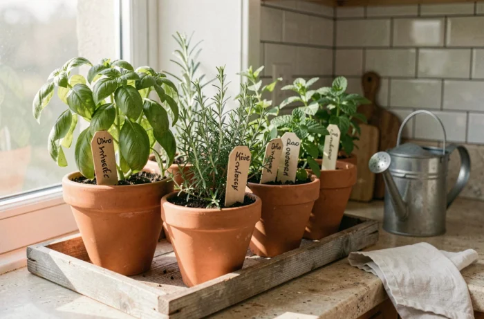 Jardin aromatique en cuisine avec pots en terre cuite alignés sur un rebord de fenêtre