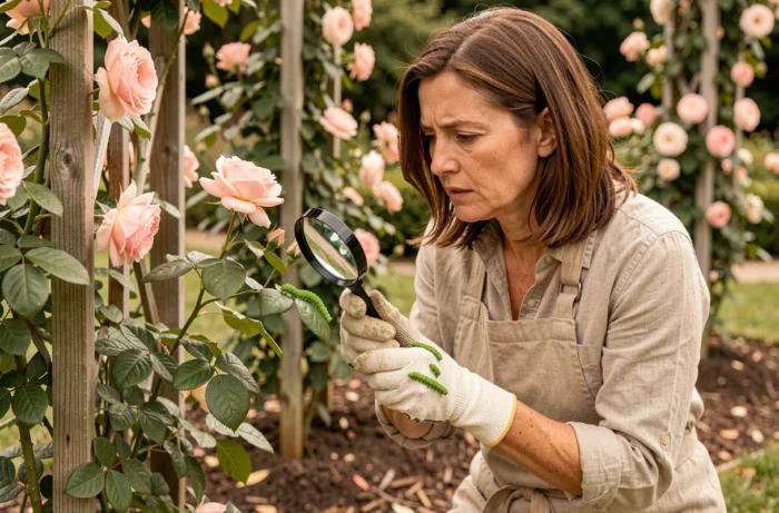 Jardinière inspectant les feuilles d'un rosier à la recherche de chenilles vertes avec une loupe