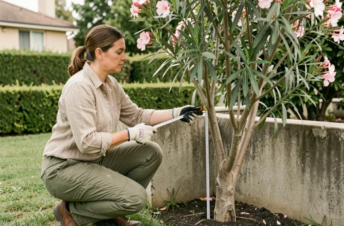 Jardinière mesurant la distance entre un laurier rose et un mur de jardin avec un mètre ruban