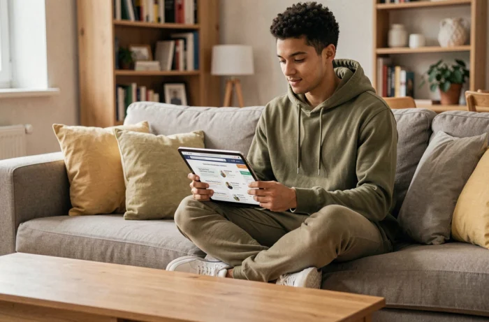 Jeune adulte consultant des offres d'emploi sur une tablette numérique confortablement installé dans son salon