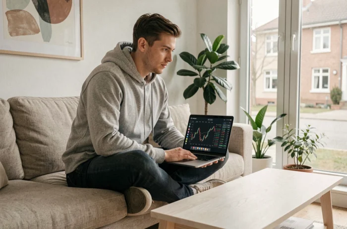 Jeune homme suivant l'actualité boursière en ligne sur un laptop dans un salon minimaliste