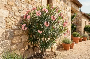Laurier rose planté trop près d'un mur en pierre avec déplacement visible des racines au sol