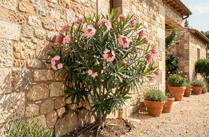 Laurier rose planté trop près d'un mur en pierre avec déplacement visible des racines au sol