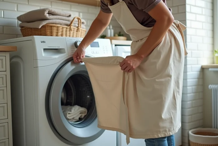 Femme plaçant un tablier en lin beige dans un lave-linge dans une buanderie moderne et ordonnée