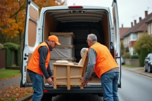 Bénévoles Emmaüs déchargeant un fauteuil en bois d'un camion de livraison devant une maison