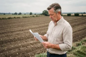 Homme consultant un contrat de bail rural au bord d'un terrain agricole