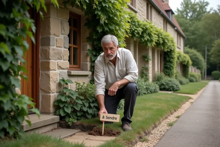 Propriétaire installant un panneau à vendre devant une maison de banlieue en pierre