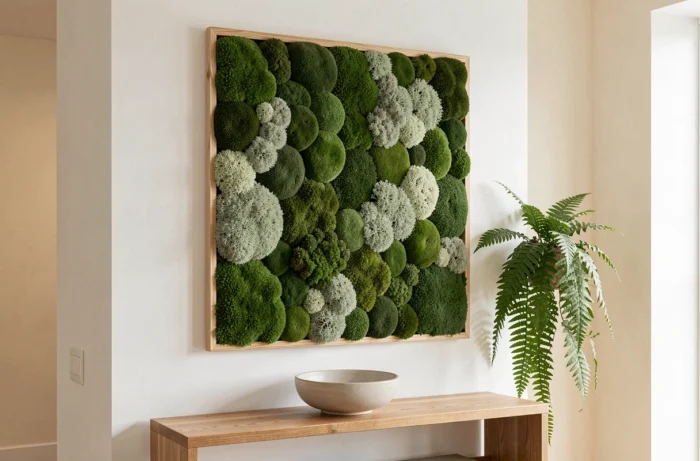 Mur végétal stabilisé en mousse naturelle dans un salon moderne avec cadre en chêne