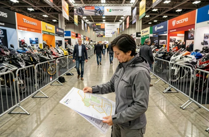 Femme consultant un plan au salon de la moto de Milan 2026, naviguant entre les stands des grandes marques