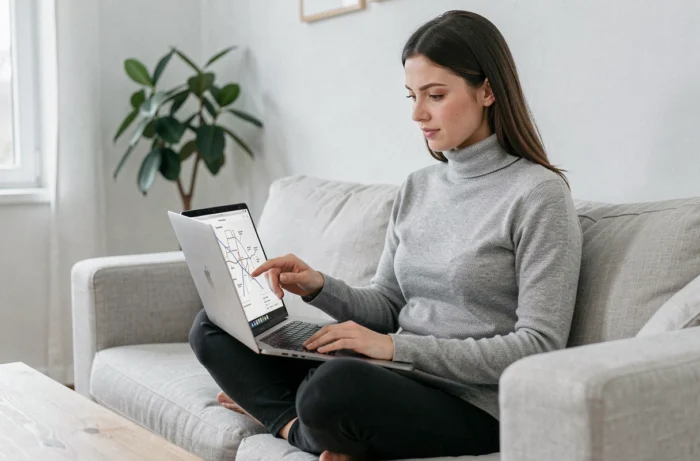 Femme consultant un plan de site web sur un ordinateur portable dans un salon épuré, représentant la navigation et la structure d'un site éditorial