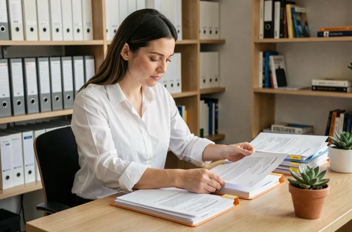 Femme organisant des documents dans un bureau moderne, illustrant la structure et l'organisation éditoriale d'un site web