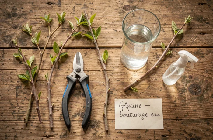 Vue du dessus des outils et tiges de glycine préparés pour le bouturage dans l'eau sur une table en bois rustique
