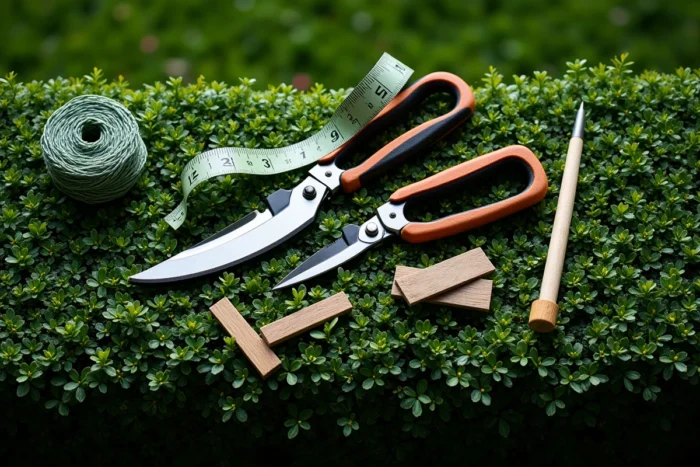Outils de taille posés sur une haie d'if impeccablement taillée, incluant sécateur, ficelle et mètre ruban