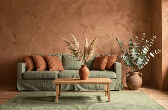 Salon décoré dans une palette terracotta et vert sauge avec canapé en lin et accessoires en céramique