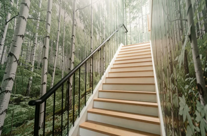 Papier peint panoramique représentant une forêt de bouleaux déployé sur toute la hauteur d'une cage d'escalier, des marches en chêne blanc et une rampe en fer noir.