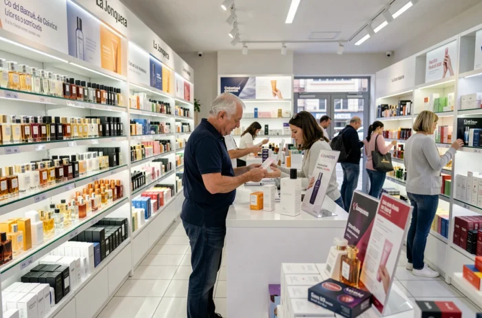 Intérieur d'une parfumerie à La Jonquera avec rayons de produits cosmétiques et vendeur aidant une cliente