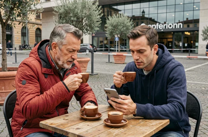 Deux passionnés de moto savourant un espresso en terrasse à Milan après une journée au salon moto 2026