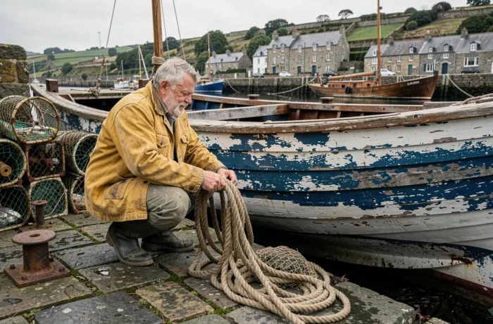 Pêcheur breton dans un port authentique avec des casiers à homards et des bateaux de pêche traditionnels
