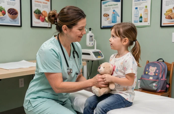Professionnelle de santé pédiatrique en tenue médicale s'agenouillant pour parler à hauteur d'une jeune fille dans un cabinet médical rassurant