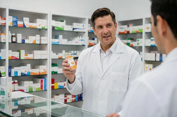 Pharmacien en blouse blanche conseillant un patient sur le traitement de l'angine herpétique avec des pastilles pour la gorge