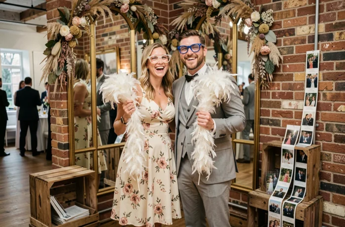 Couple de mariés s'amusant dans un photobooth vintage avec accessoires lors de la réception de mariage