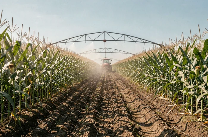 Vue grand angle d'un pivot d'irrigation arrosant des rangées de maïs sous un ciel bleu estival