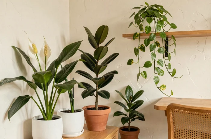 Plantes dépolluantes en pots dans un bureau fermé avec pothos, lys de paix et ficus rubber