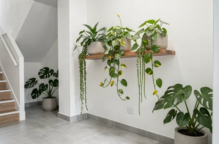 Plantes retombantes sur un palier d'escalier moderne, avec pothos et string of pearls en fixation murale sur des jardinières en céramique et une étagère en bois flottante.