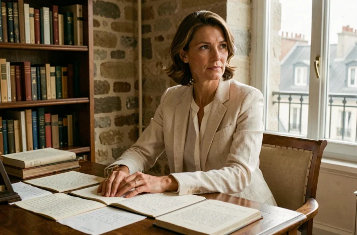 Portrait d'une femme élégante dans un appartement parisien, assise à un bureau vintage entouré de livres, ambiance biographie et vie privée