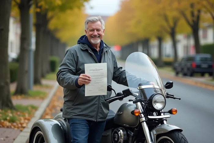 Propriétaire de trike tenant son certificat d'homologation devant son véhicule trois-roues dans une rue française
