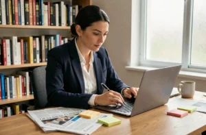 Femme consultant des articles d'actualité sur Marcellin à son bureau avec des notes manuscrites et un ordinateur portable