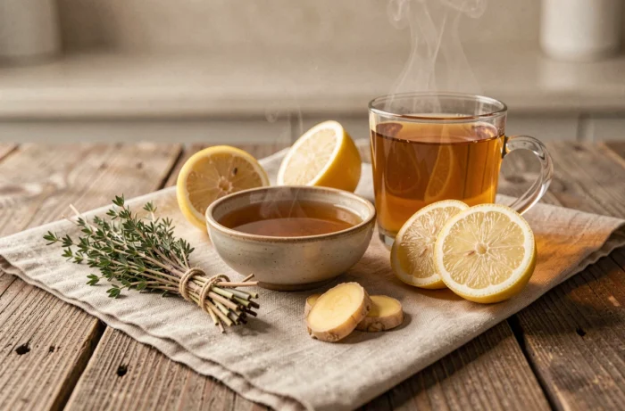 Remèdes naturels contre l'angine herpétique avec miel brut, gingembre frais, thym séché et tisane au citron sur une surface en bois rustique