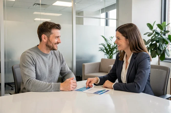 Homme en rendez-vous avec un conseiller en mutuelle santé pour s'informer sur les étapes d'adhésion