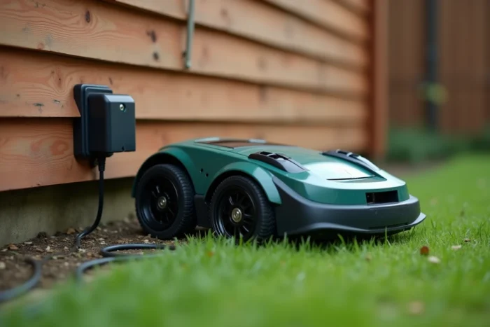 Robot tondeuse Parkside Lidl sur sa station de charge dans un jardin avec fil de délimitation
