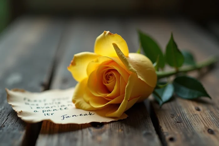 Rose jaune fanée posée sur bois vieux symbolisant la trahison et la méfiance en langage des fleurs