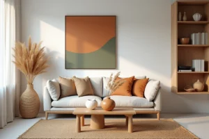 Salon scandinave moderne décoré avec des tendances actuelles : canapé en lin, vase en céramique, accessoires en rotin et tapis en jute