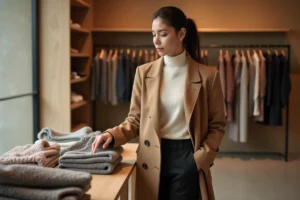 Jeune femme tendance qui choisit des vêtements mode dans une boutique minimaliste aux étagères en bois clair