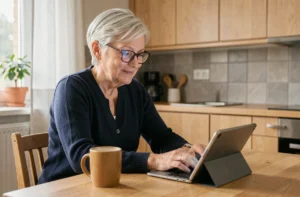 Femme senior utilisant une tablette numérique dans sa cuisine pour accéder à des services d'aide au quotidien