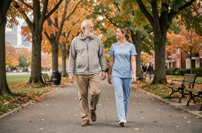 Senior homme se promenant avec une aide-soignante dans un parc urbain, illustrant les services d'accompagnement à domicile