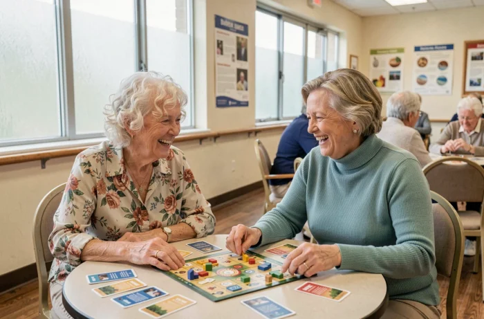 Deux femmes seniors jouant à un jeu de société dans un centre communautaire, symbolisant les ressources sociales pour améliorer le quotidien des personnes âgées